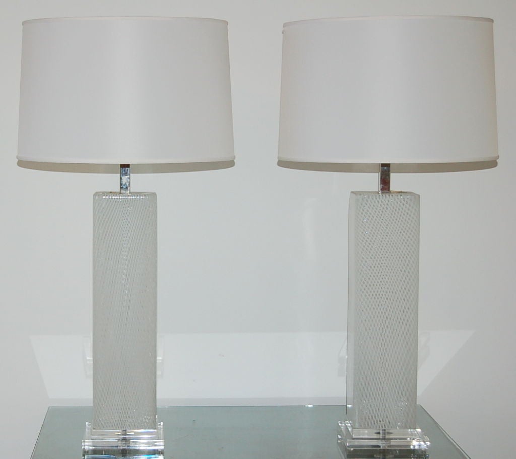Mid-Century Modern Matched Pair of Dino Martens Latticino Tower Murano Lamps For Sale