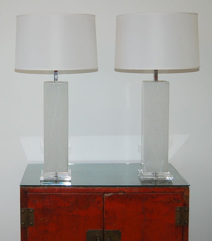 Matched Pair of Dino Martens Latticino Tower Murano Lamps For Sale 1