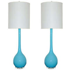 Pair of Vintage Murano Long Neck Lamps in TBird Blue by Seguso