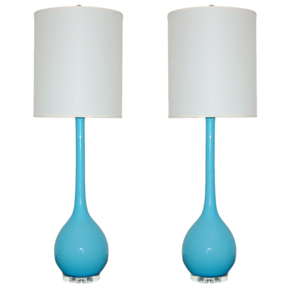 Pair of Vintage Murano Long Neck Lamps in TBird Blue by Seguso For Sale