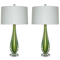 Pair of Vintage Summerso Almond Shaped Murano Lamps in Green Grass