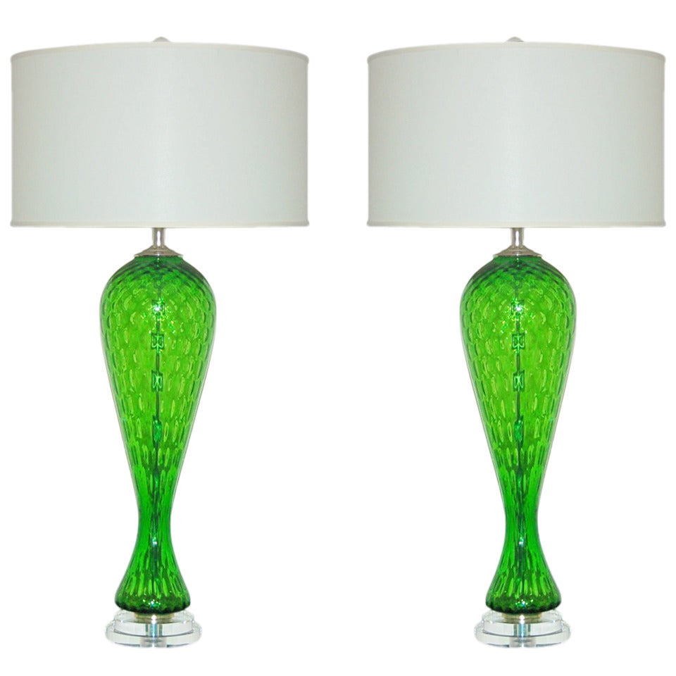 Pair of Vintage Italian Murano Windowpane Glass Lamps in Emerald For Sale