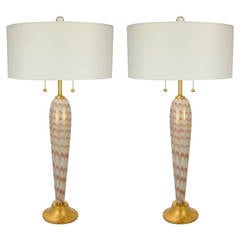 Pair of Vintage Murano Pulled Feather Table Lamps of Lilac and Cream