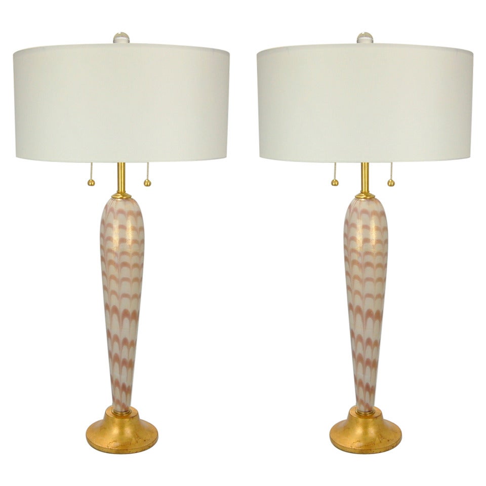 Pair of Vintage Murano Pulled Feather Table Lamps of Lilac and Cream