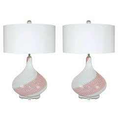 Pair of Vintage Murano Filigrana Lamps by Dino Martens in Red