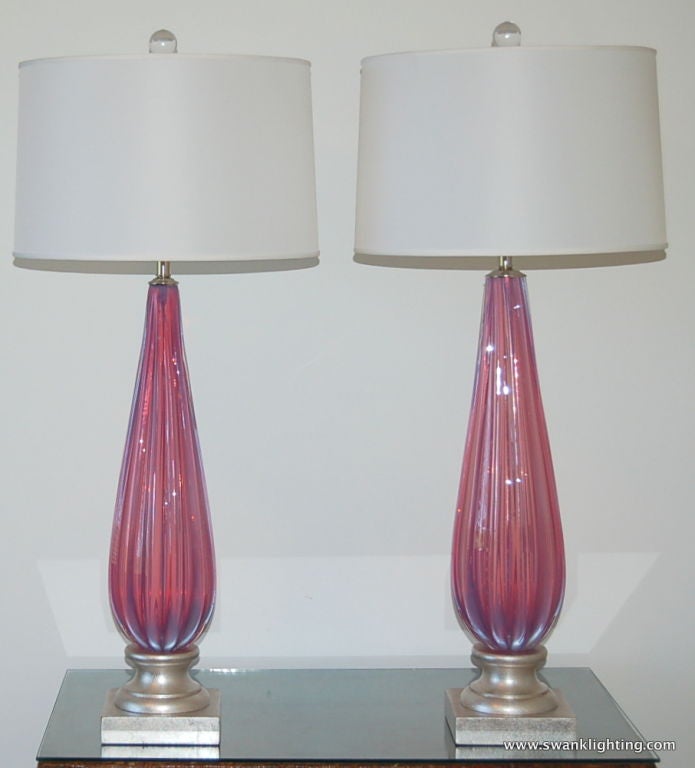 Hollywood Regency Pair of Vintage Murano Lamps In Lavender Pink Opaline