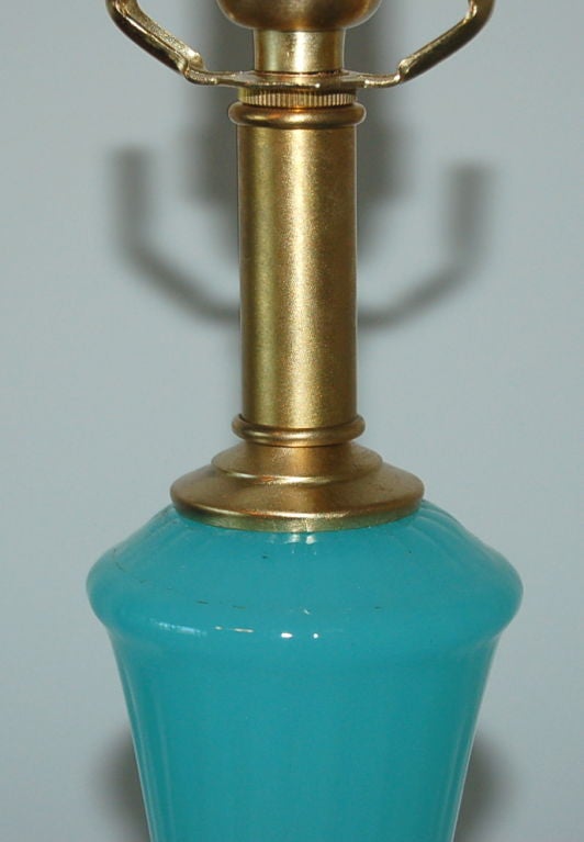 Brass Curvaceous Vintage Murano Lamp in Tiffany Blue Opaline For Sale
