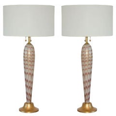 Vintage Murano Pulled Feather Table Lamps of Plum and Cream
