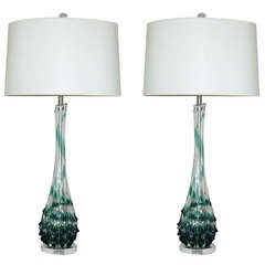 Pair of Vintage Murano Lamps with Emerald Ribbons