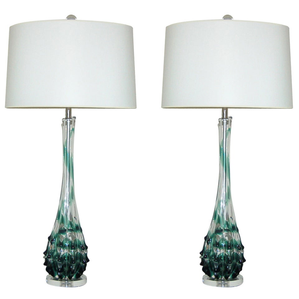 Pair of Vintage Murano Lamps with Emerald Ribbons For Sale