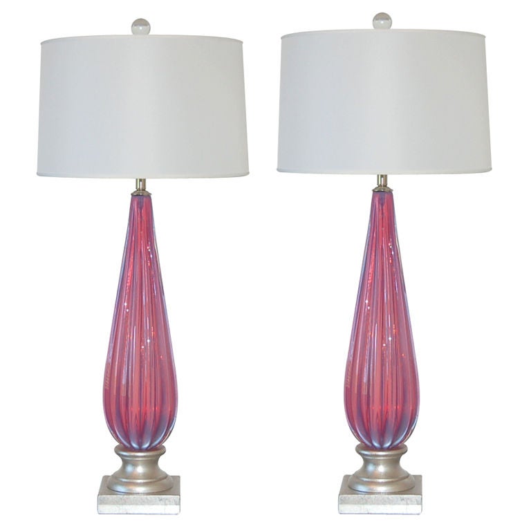 Pair of Vintage Murano Lamps In Lavender Pink Opaline