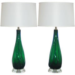 Vintage Murano Lamps Emerald Green with Royal Blue Ribs