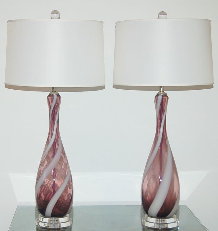 Mid-Century Modern Vintage Italian Glass Lamps in Grape with White Ribbon Swirl