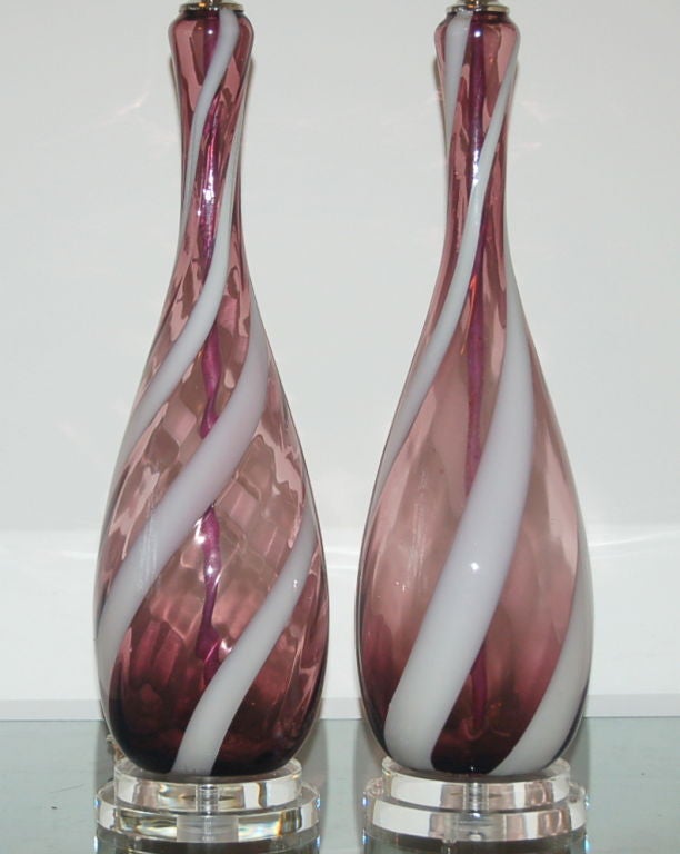 Vintage Italian Glass Lamps in Grape with White Ribbon Swirl In Excellent Condition In Little Rock, AR