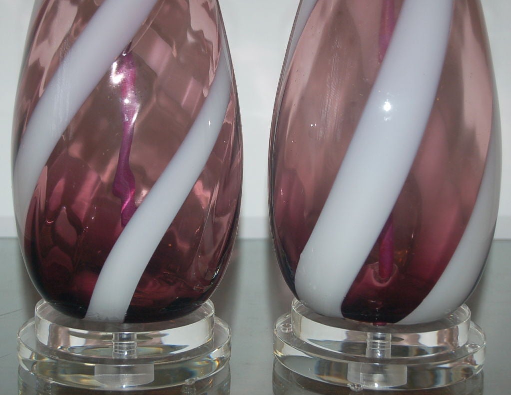 20th Century Vintage Italian Glass Lamps in Grape with White Ribbon Swirl