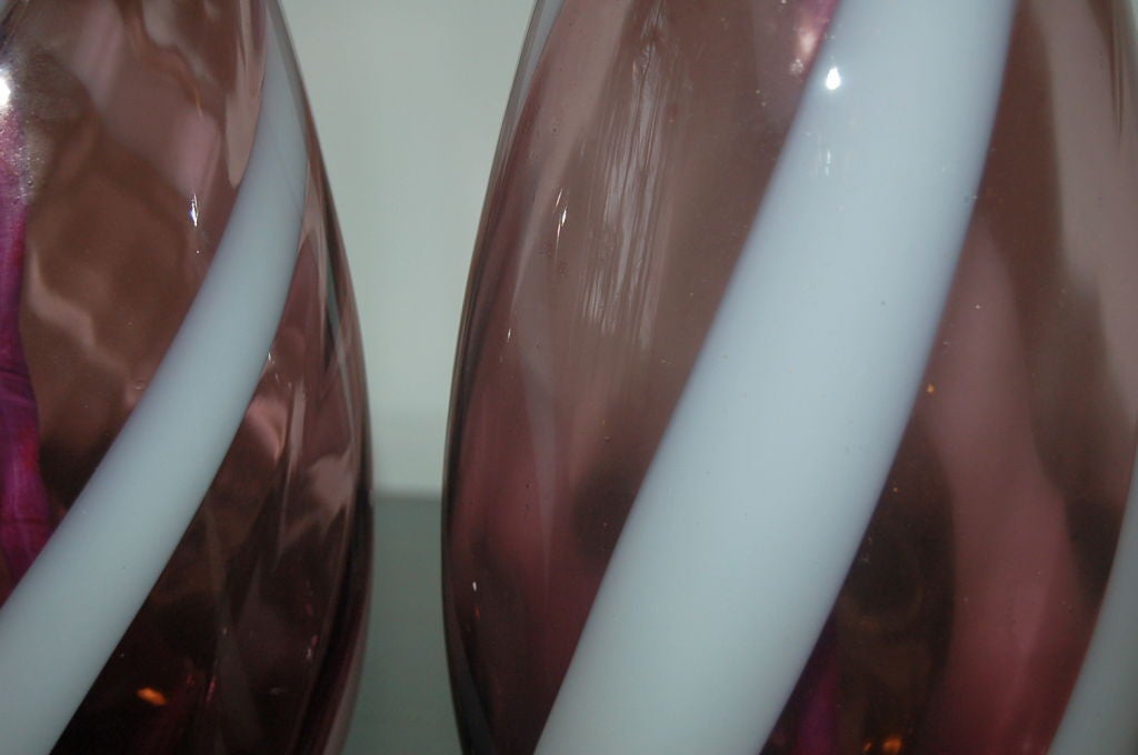 Vintage Italian Glass Lamps in Grape with White Ribbon Swirl 1
