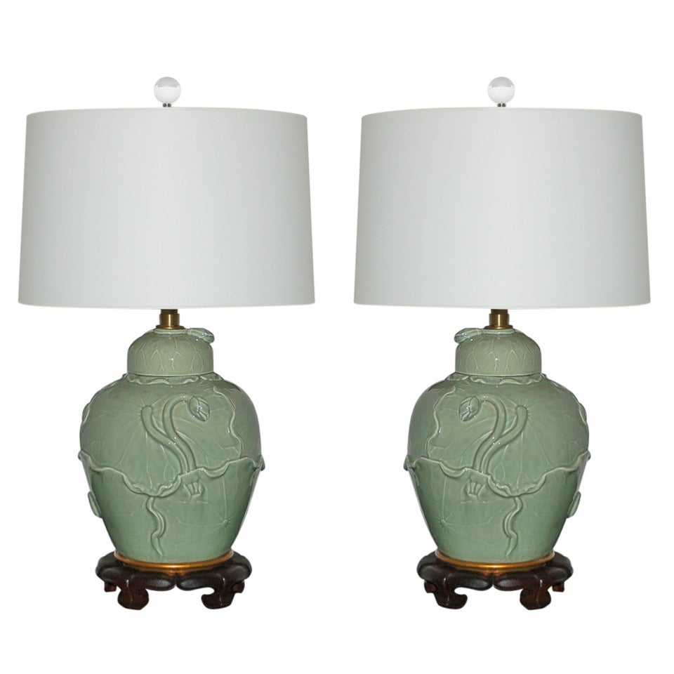 Matched Pair of Vintage Celadon Lamps by The Marbro Lamp Company For Sale