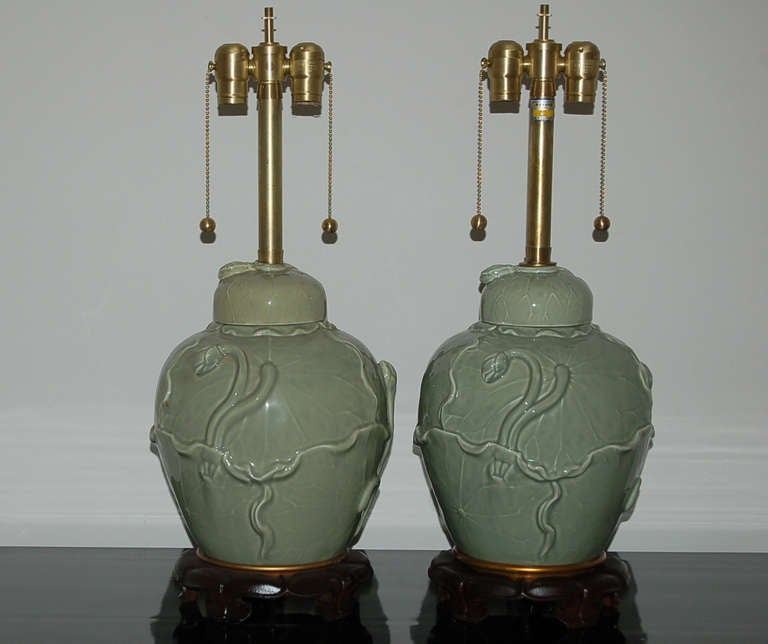 Mid-Century Modern Matched Pair of Vintage Celadon Lamps by The Marbro Lamp Company For Sale