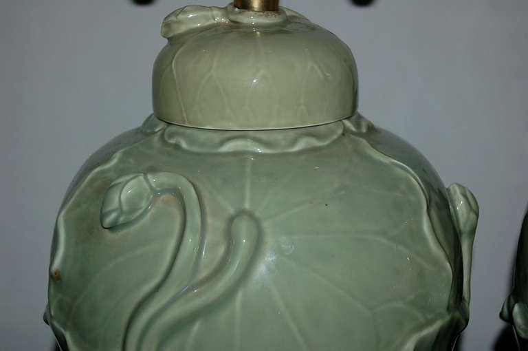 Late 20th Century Matched Pair of Vintage Celadon Lamps by The Marbro Lamp Company For Sale