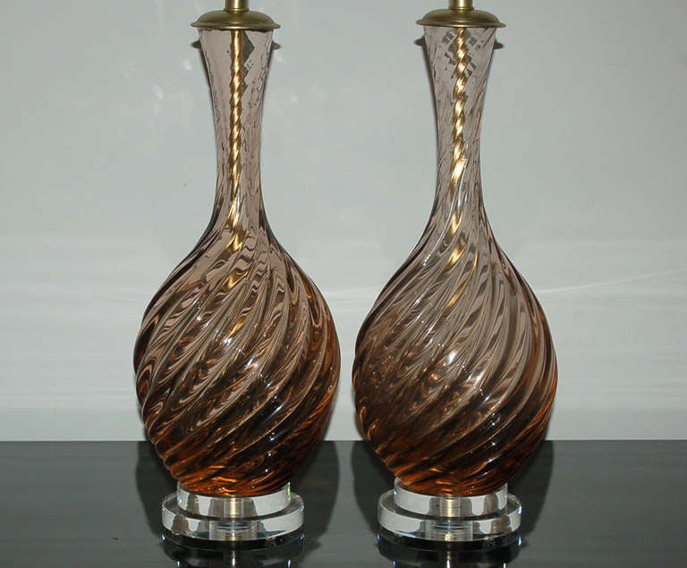 Italian Pair of Vintage Murano Taupe Frost Lamps by Marbro Lamp Company For Sale