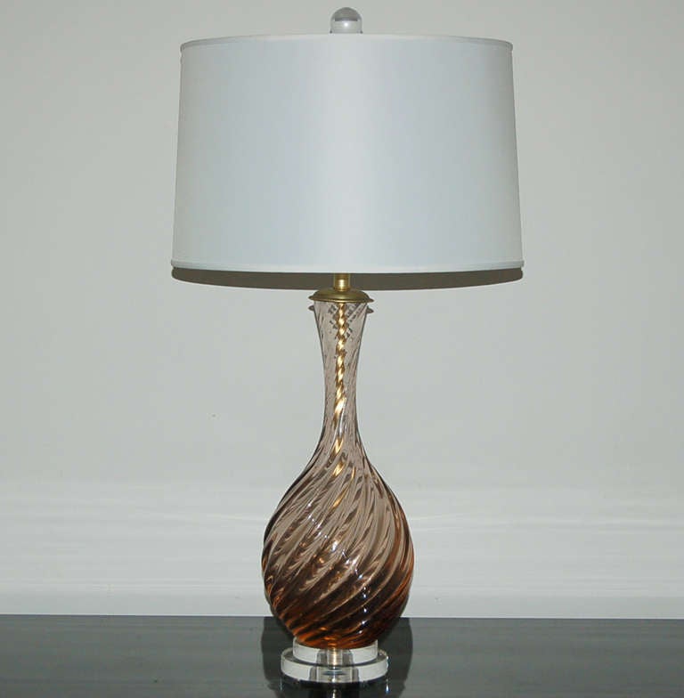 Elegant Murano glass lamps, Handblown in Italy for The Marbro Lamp Company.  Very thick diagonal ribs in a subtle TAUPE FROST.

They stand 23 inches from tabletop to socket top. As shown, the top of shade is 30 inches high. Lampshades are for