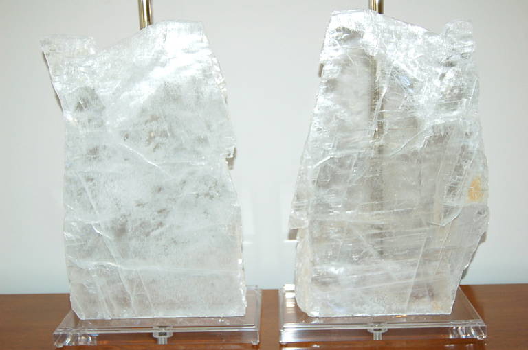American Matched Pair of Small Selenite Table Lamps