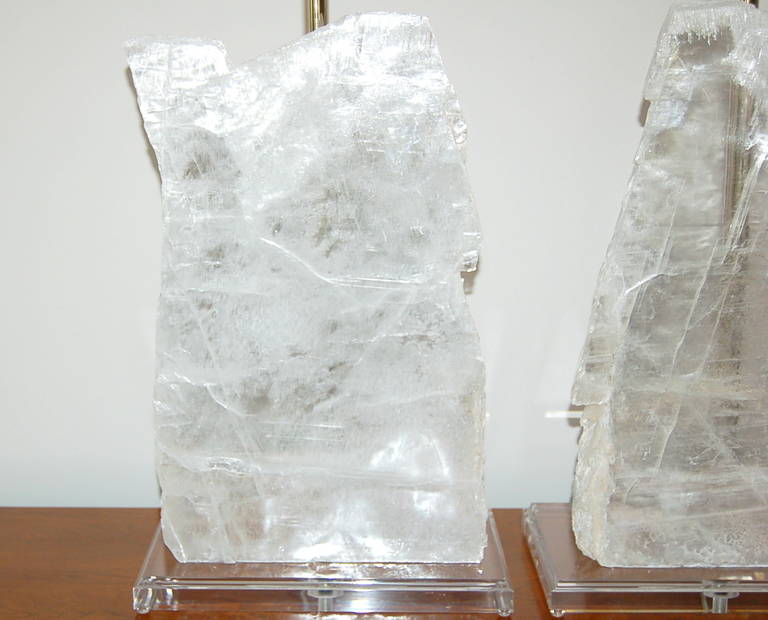 Matched Pair of Small Selenite Table Lamps In Excellent Condition In Little Rock, AR