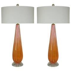 Matched Pair of Vintage Murano Glass Lamps by Archimede Seguso in Melon Orange
