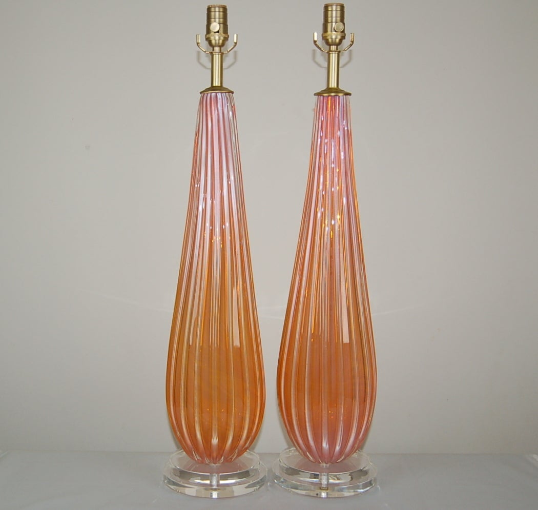 Mid-Century Modern Matched Pair of Vintage Murano Glass Lamps by Archimede Seguso in Melon Orange