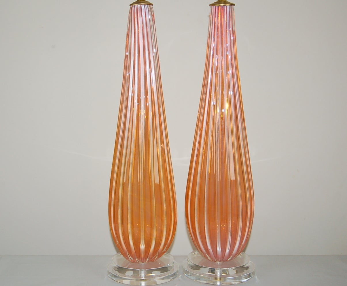 Italian Matched Pair of Vintage Murano Glass Lamps by Archimede Seguso in Melon Orange