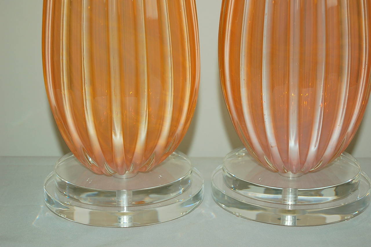Brushed Matched Pair of Vintage Murano Glass Lamps by Archimede Seguso in Melon Orange