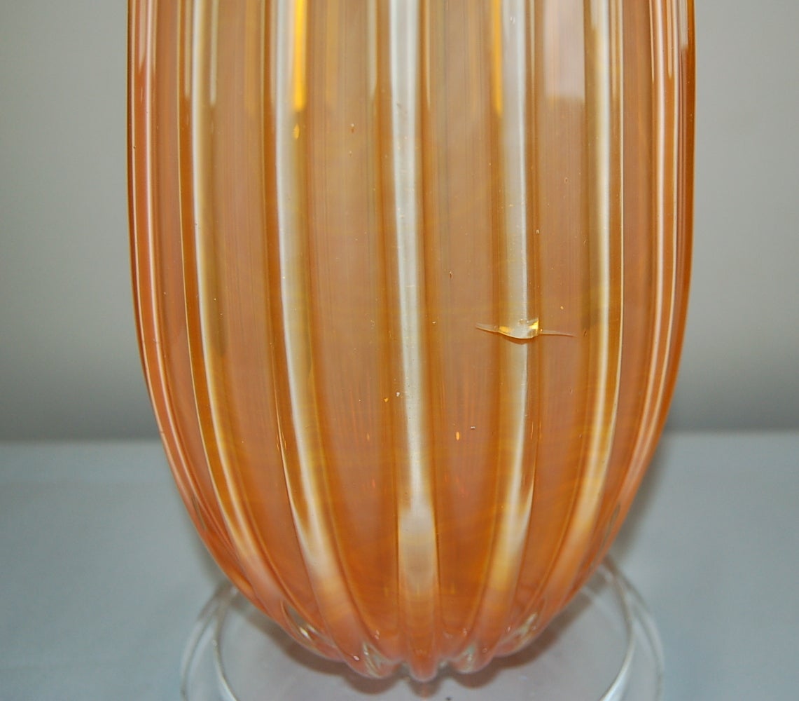 Brass Matched Pair of Vintage Murano Glass Lamps by Archimede Seguso in Melon Orange