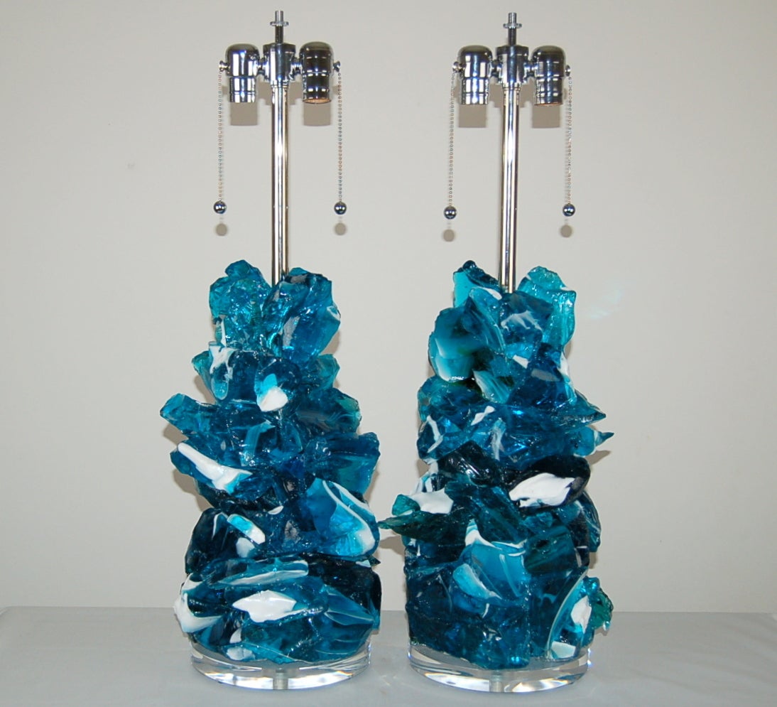 These exquisite cluster lamps in STRIPED AQUAMARINE are made of recycled glass. Gorgeous Eco-friendly art pieces that light up a room, designed by Swank Lighting. The colors are spectacular!

They stand 27 inches from tabletop to socket top. As
