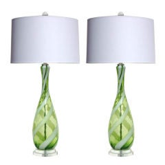 Vintage Murano Lamps in Apple Green with White Ribbon Swirl