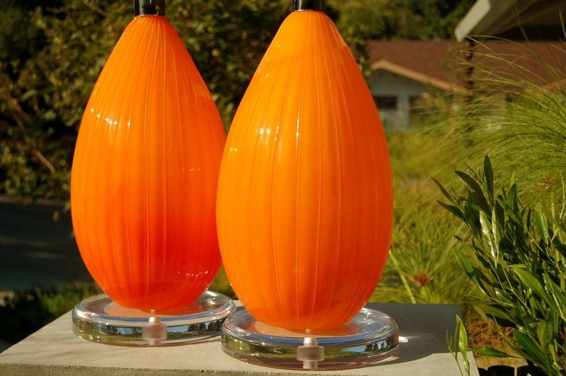 Big Orange Vintage Murano Lamps on Lucite Platter
