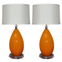 Big Orange Vintage Murano Lamps on Lucite Platter