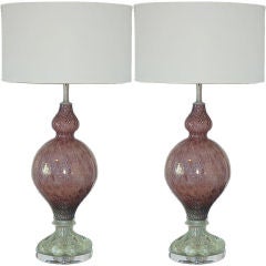 Pair of Vintage Murano Lamps in Purple with Silver Inclusion