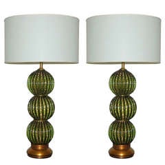 Pair of Stacked Murano Ball Lamps in Emerald Green