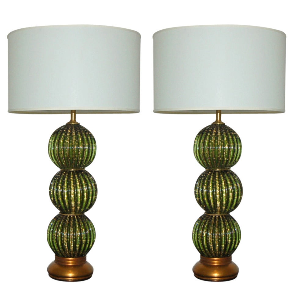 Pair of Stacked Murano Ball Lamps in Emerald Green For Sale at 1stDibs