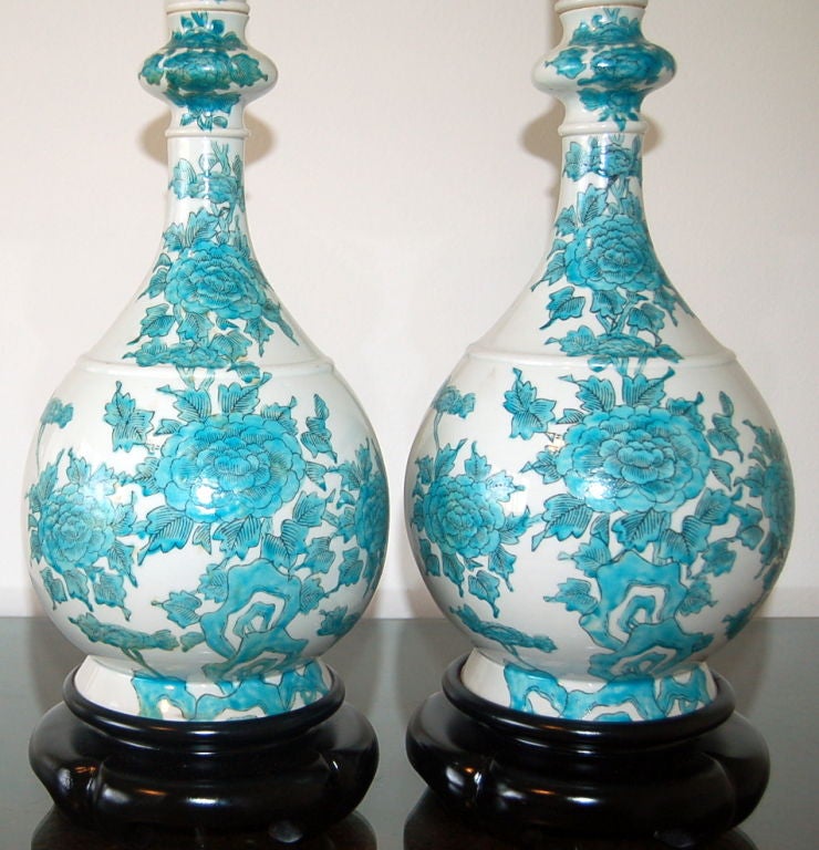 Japanese Vintage Hand Painted Porcelain Flowered Lamps by Marbro For Sale