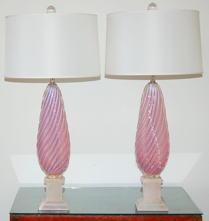 Mid-Century Modern Vintage Pair of Opaline Murano Lamps in Pink Lemonade For Sale