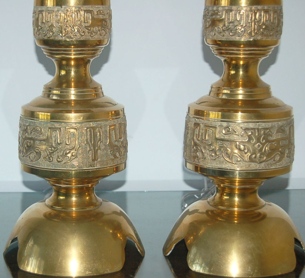 20th Century Intricately Carved Vintage Brass Table Lamps a La James Mont For Sale