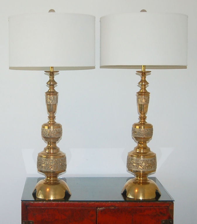 Intricately Carved Vintage Brass Table Lamps a La James Mont For Sale 5
