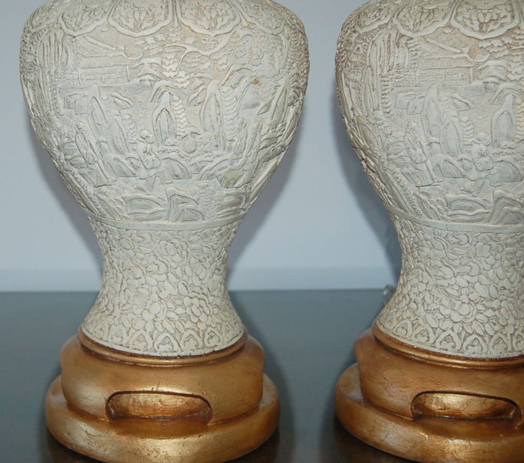 20th Century VIntage Carved Plaster Lamps with Asian Flavor