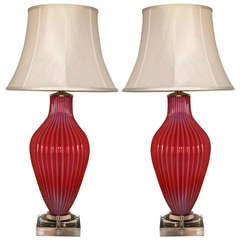 Pair of Vintage Marbro Murano Opaline Lamps in Raspberry Sherbet