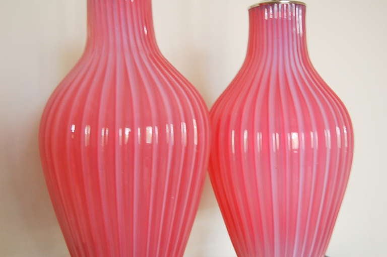 Pair of Vintage Marbro Murano Opaline Lamps in Raspberry Sherbet In Excellent Condition In Little Rock, AR