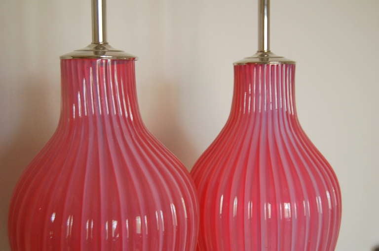 Lucite Pair of Vintage Marbro Murano Opaline Lamps in Raspberry Sherbet