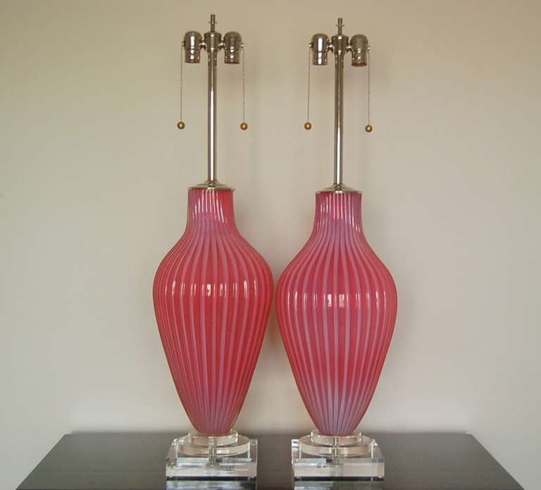 Italian Pair of Vintage Marbro Murano Opaline Lamps in Raspberry Sherbet