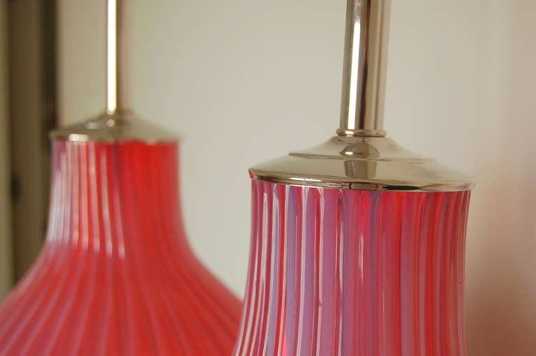 Pair of Vintage Marbro Murano Opaline Lamps in Raspberry Sherbet 1