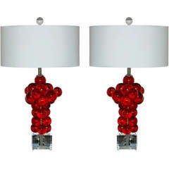 Matched Pair of Vintage Rare Red Resin Bubble Lamps by Silvano Pantani, 1966